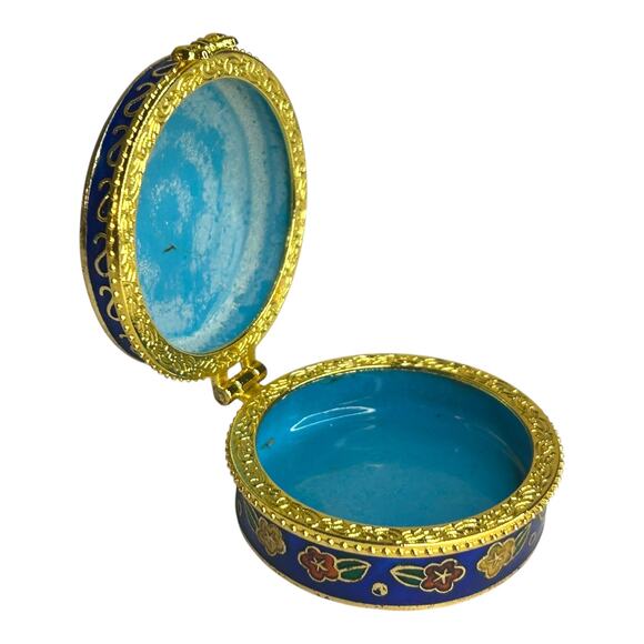 Vintage Blue Gold Tone Cloisonne Butterfly Round Pill Box Trinket Box - Picture 5 of 8
